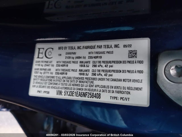 5YJ3E1EA6NF258408 Tesla MODEL 3