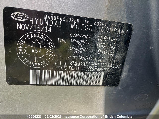 KMHD35LH6FU244157 Hyundai Elantra Gt Gls