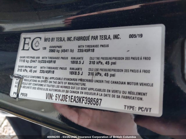 Продажа на аукционе авто 2019 Tesla Model 3, vin: 5YJ3E1EA3KF398587, номер лота: 40056255