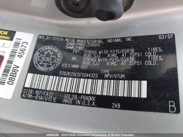 40056258 :رقم المزاد ، 5TDZK29C97S044323 vin ، 2007 Toyota Sienna Ce مزاد بيع