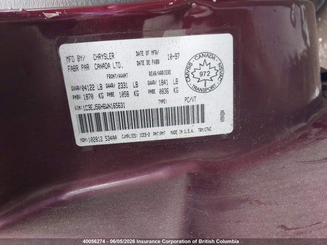 Aukcja sprzedaży 1998 Chrysler Cirrus Lxi, vin: 1C3EJ56H6WN165631, numer aukcji: 40056274