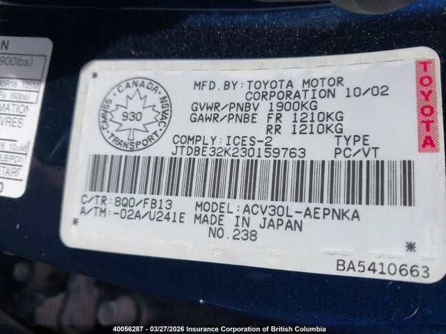 40056287 :رقم المزاد ، JTDBE32K230159763 vin ، 2003 Toyota Camry مزاد بيع