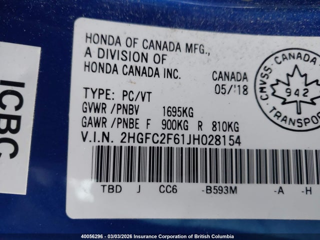 2HGFC2F61JH028154 Honda Civic