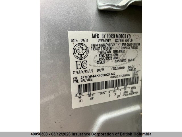 40056308 :رقم المزاد ، 2FMDK4AK4CBA24142 vin ، 2012 Ford Edge مزاد بيع