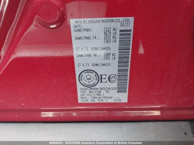 5N1AT2MV0HC802650 Nissan Rogue Sv/sl