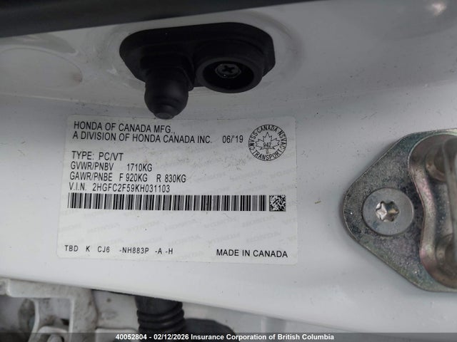 Honda Civic Lx 2019 2HGFC2F59KH031103 Image 9