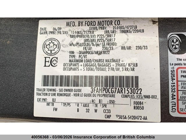 40056368 :رقم المزاد ، 3FAHP0CG7AR153022 vin ، 2010 Ford Fusion Sel مزاد بيع