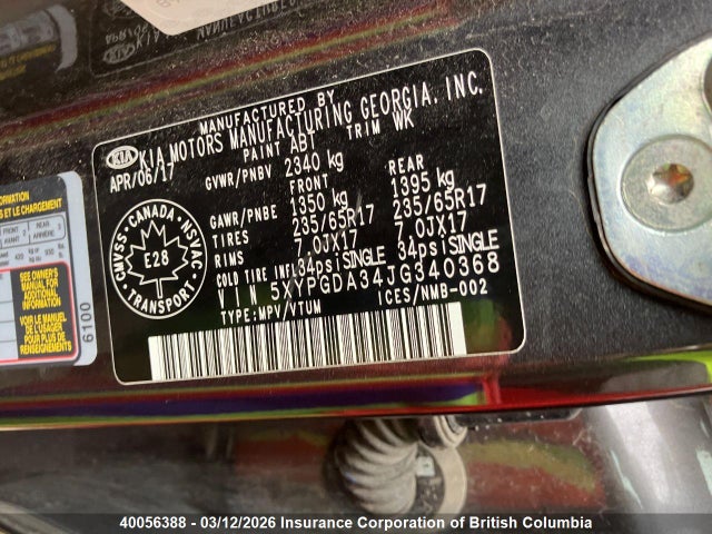 5XYPGDA34JG340368 KIA Sorento 2.4l Lx