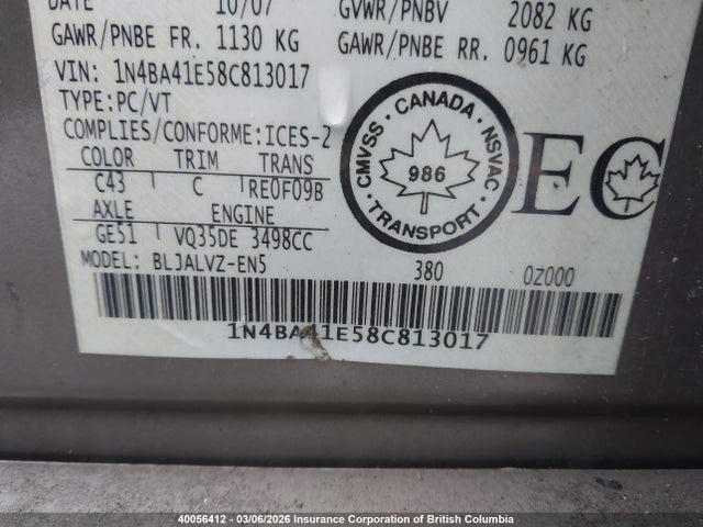40056412 :رقم المزاد ، 1N4BA41E58C813017 vin ، 2008 Nissan Maxima Se/sl مزاد بيع
