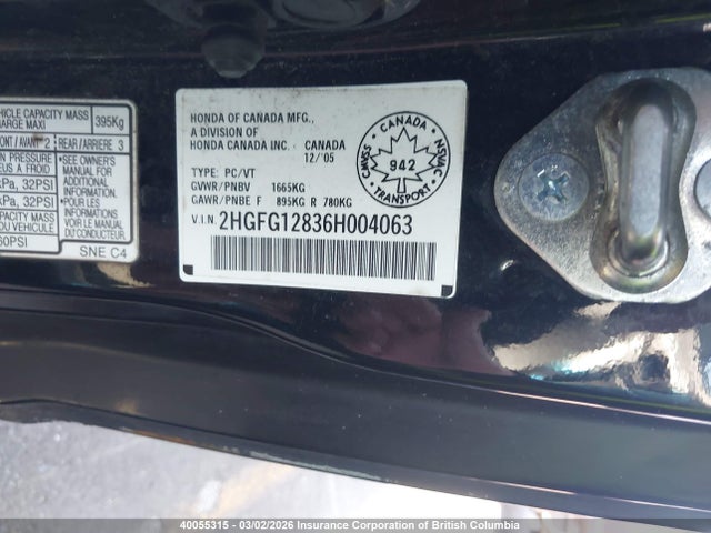 Aukcja sprzedaży 2006 Honda Civic Ex, vin: 2HGFG12836H004063, numer aukcji: 40055315