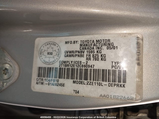 Aukcja sprzedaży 2002 Toyota Corolla Ce/le/s, vin: 2T1BR12E12C860947, numer aukcji: 40056458