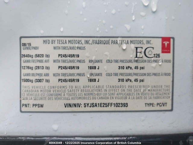 Tesla MODEL S 2015 5YJSA1E25FF102393 Image 9