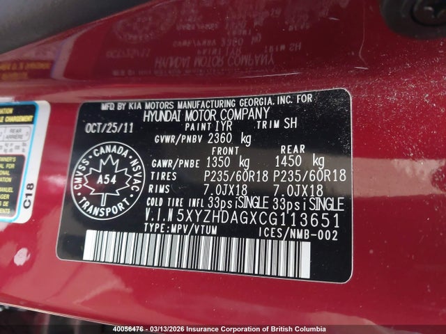 40056476 :رقم المزاد ، 5XYZHDAGXCG113651 vin ، 2012 Hyundai Santa Fe Limited 3.5 مزاد بيع