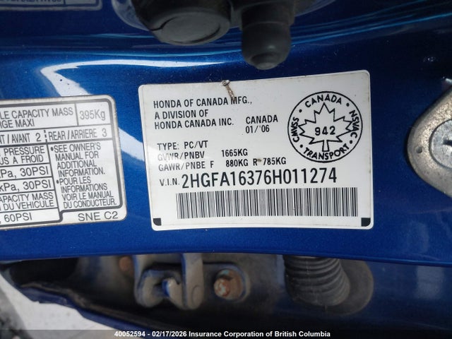 40052594 :رقم المزاد ، 2HGFA16376H011274 vin ، 2006 Honda Civic Dx Vp مزاد بيع