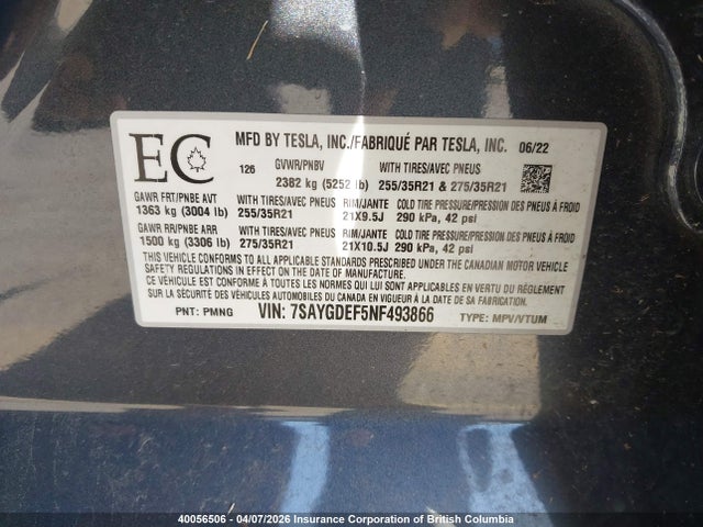 7SAYGDEF5NF493866 Tesla Model Y