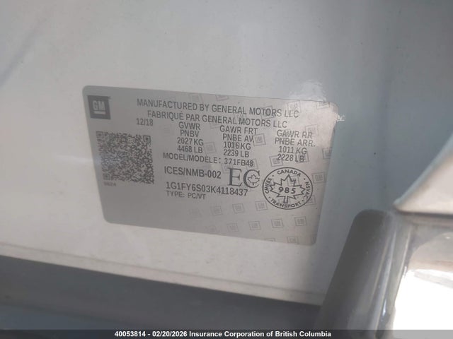 1G1FY6S03K4118437 Chevrolet BOLT EV LT