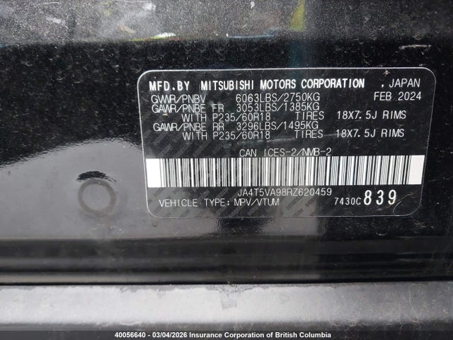 JA4T5VA98RZ620459 Mitsubishi Outlander Phev Le/sel