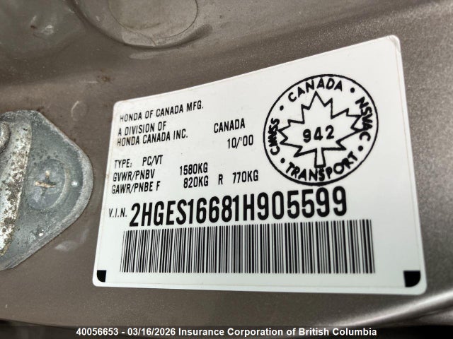 40056653 :رقم المزاد ، 2HGES16681H905599 vin ، 2001 Honda Civic مزاد بيع