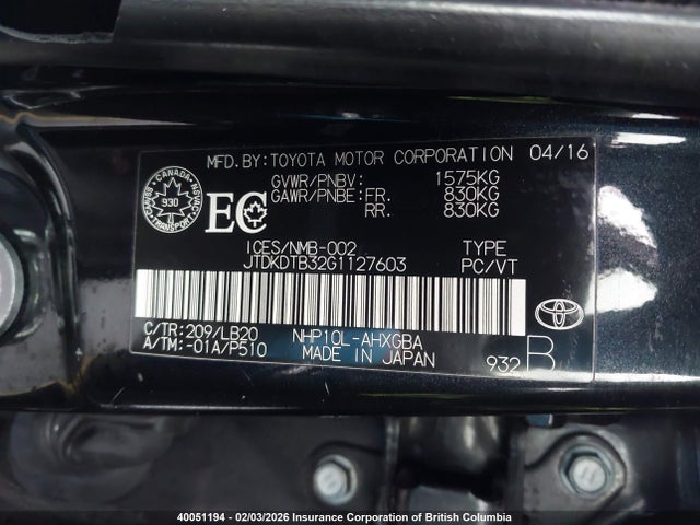 JTDKDTB32G1127603 Toyota PRIUS C