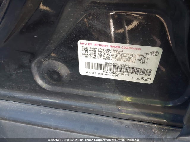 40055672 :رقم المزاد ، JA4AT2AW3CU606345 vin ، 2012 Mitsubishi Outlander Es مزاد بيع