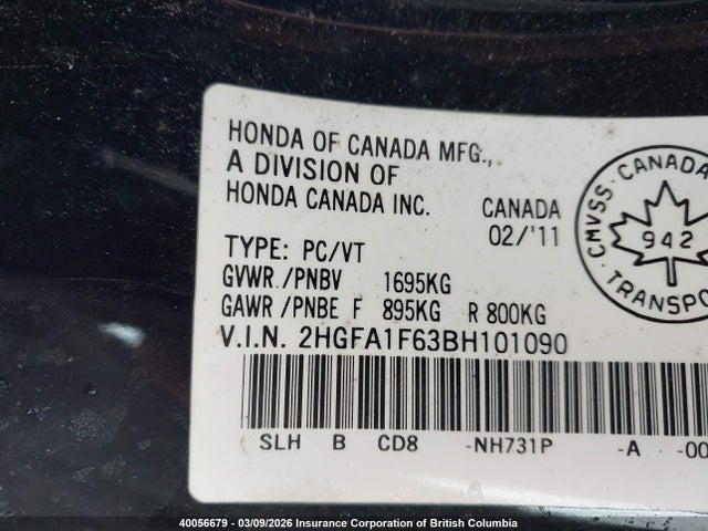 Aukcja sprzedaży 2011 Honda Civic, vin: 2HGFA1F63BH101090, numer aukcji: 40056679