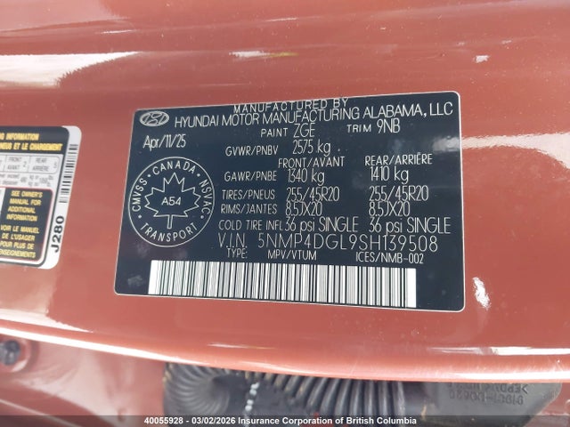 5NMP4DGL9SH139508 Hyundai Santa Fe Limited