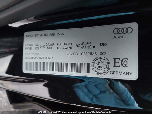 2025 Audi S5 მანქანა იყიდება აუქციონზე, vin: WAU35CFU1SN059975, აუქციონის ნომერი: 40056711