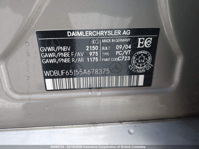 2005 Mercedes-benz E 320 მანქანა იყიდება აუქციონზე, vin: WDBUF65J55A678375, აუქციონის ნომერი: 40056734