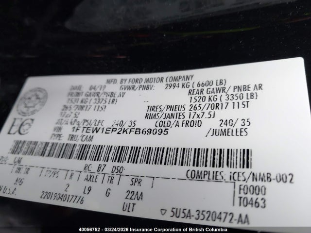40056752 :رقم المزاد ، 1FTEW1EP2KFB69095 vin ، 2019 Ford F150 مزاد بيع