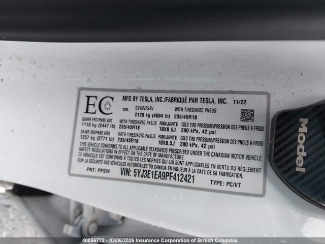 5YJ3E1EA9PF412421 Tesla MODEL 3