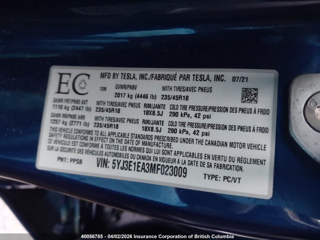 Aukcja sprzedaży 2021 Tesla Model 3, vin: 5YJ3E1EA3MF023009, numer aukcji: 40056785