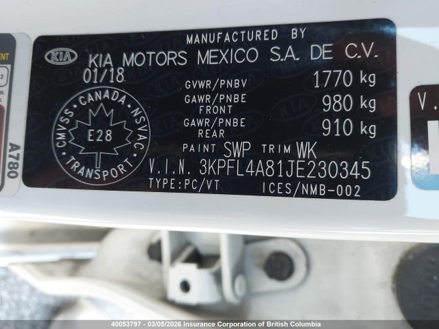 3KPFL4A81JE230345 KIA FORTE EX