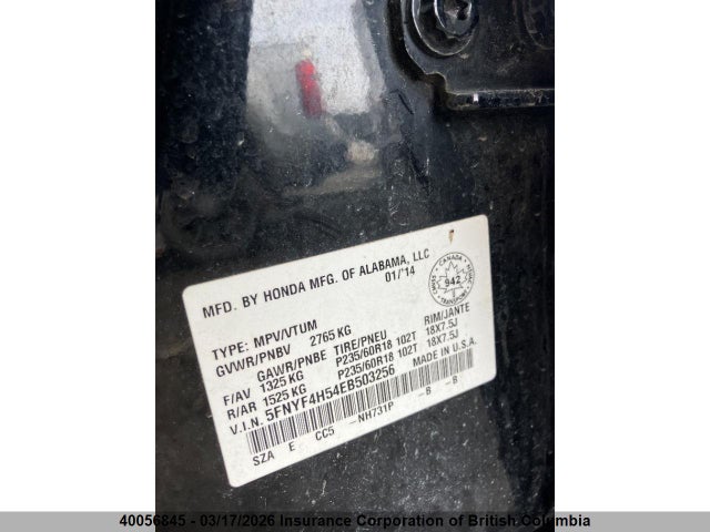 40056845 :رقم المزاد ، 5FNYF4H54EB503256 vin ، 2014 Honda Pilot مزاد بيع