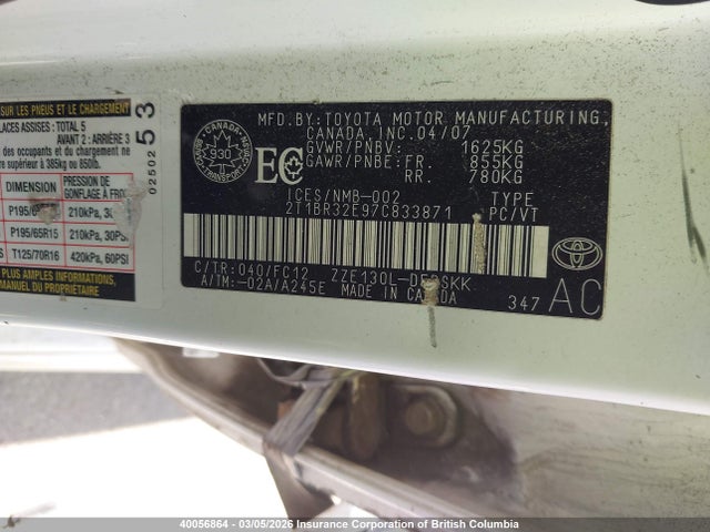 Aukcja sprzedaży 2007 Toyota Corolla Ce/le/sport, vin: 2T1BR32E97C833871, numer aukcji: 40056864