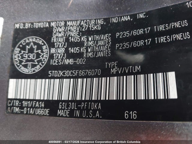 5TDZK3DC5FS676070 Toyota Sienna