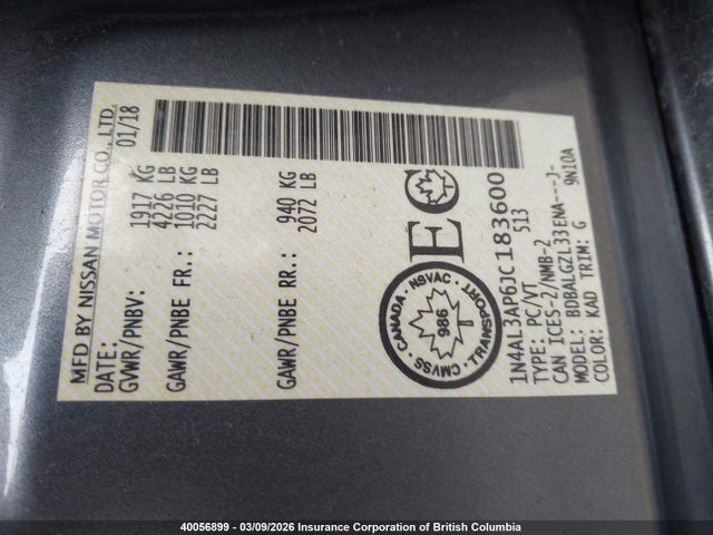 1N4AL3AP6JC183600 Nissan Altima 2.5/s/sv/sl/sr