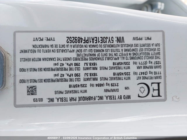 5YJ3E1EA1PF489252 Tesla MODEL 3