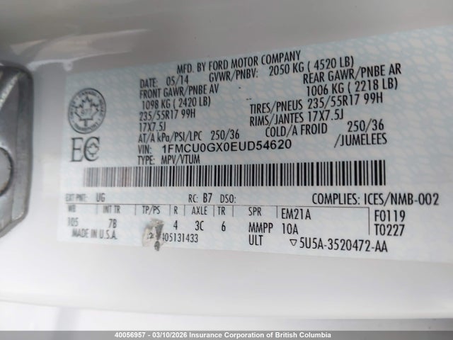 1FMCU0GX0EUD54620 Ford ESCAPE SE