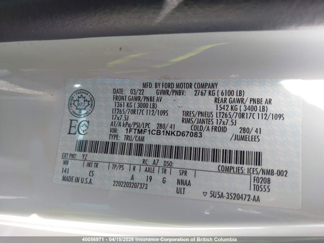 Продаж на аукціоні авто 2022 Ford F150, vin: 1FTMF1CB1NKD67083, номер лоту: 40056971