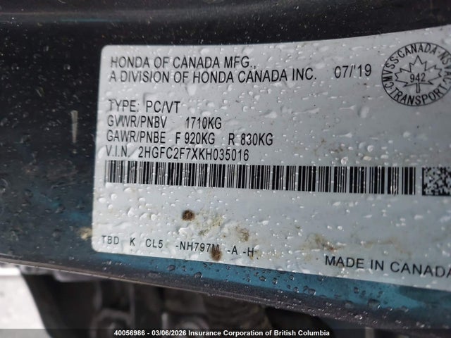 2HGFC2F7XKH035016 Honda Civic