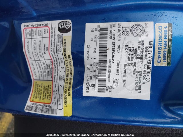 40056996 :رقم المزاد ، 1FTFW1EF7BFC36351 vin ، 2011 Ford F150 مزاد بيع