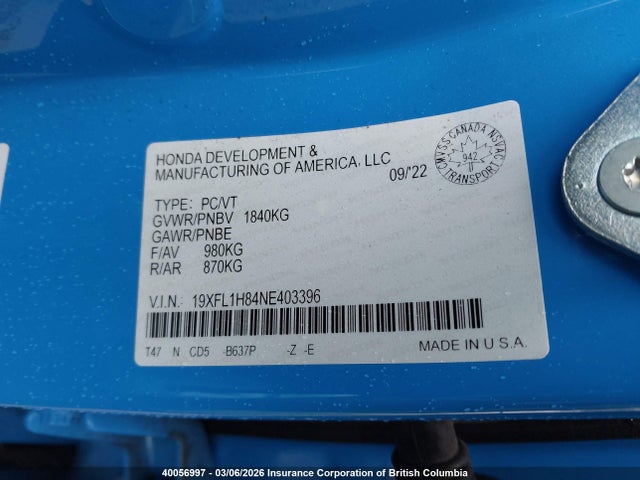 19XFL1H84NE403396 Honda Civic
