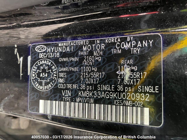 KM8K33AG9KU020932 Hyundai Kona