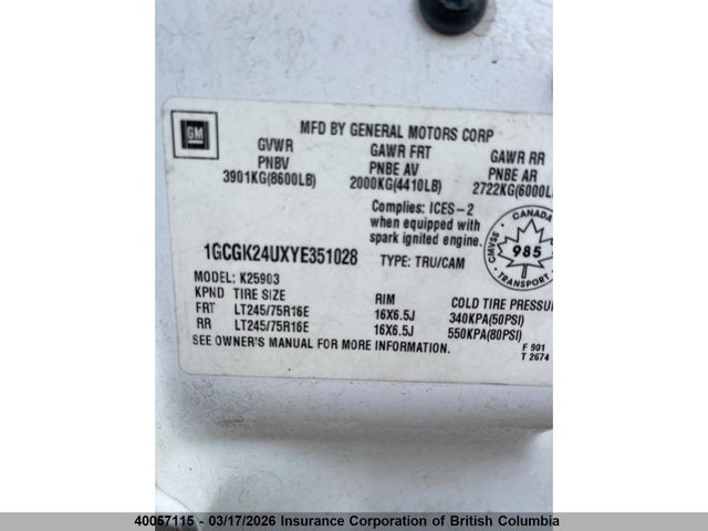 40057115 :رقم المزاد ، 1GCGK24UXYE351028 vin ، 2000 Chevrolet Silverado K2500 مزاد بيع