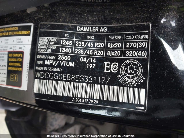 40055124 :رقم المزاد ، WDCGG0EB8EG331177 vin ، 2014 Mercedes-benz Glk 250 Bluetec مزاد بيع