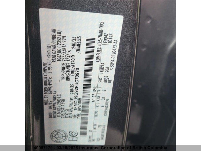 40057179 :رقم المزاد ، 1FMCU9G92FUC70970 vin ، 2015 Ford Escape Se مزاد بيع