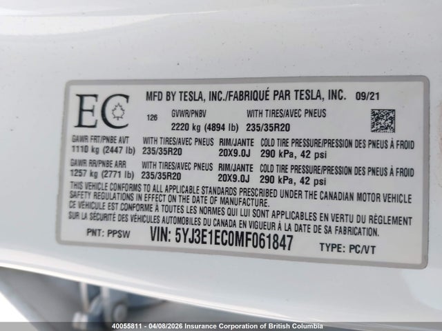 Aukcja sprzedaży 2021 Tesla Model 3, vin: 5YJ3E1EC0MF061847, numer aukcji: 40055811