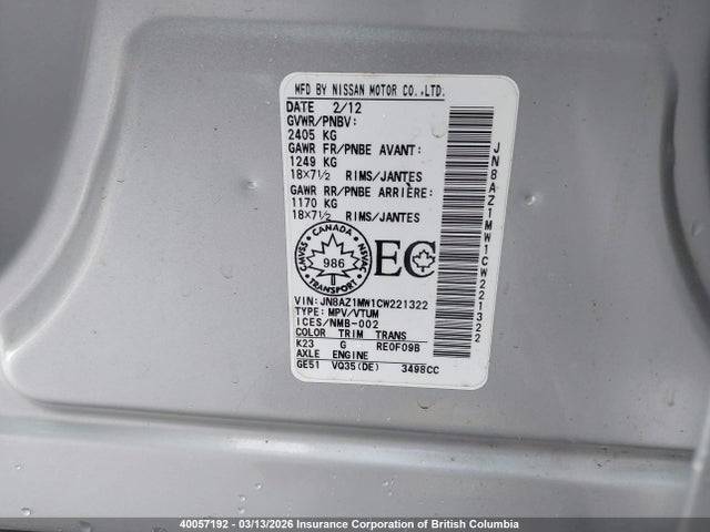 Продажа на аукционе авто 2012 Nissan Murano Sl, vin: JN8AZ1MW1CW221322, номер лота: 40057192