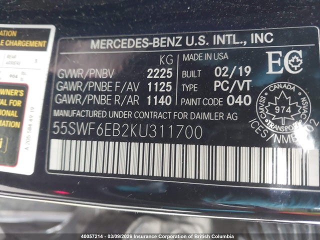 55SWF6EB2KU311700 Mercedes-Benz Amg C 43 4matic