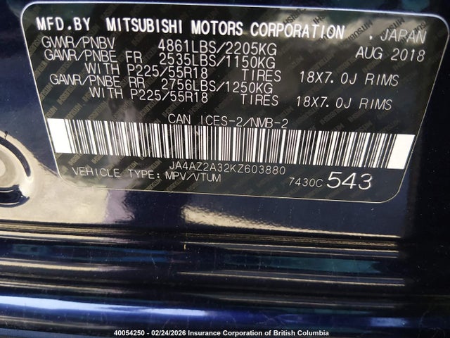 40054250 :رقم المزاد ، JA4AZ2A32KZ603880 vin ، 2019 Mitsubishi Outlander Es مزاد بيع